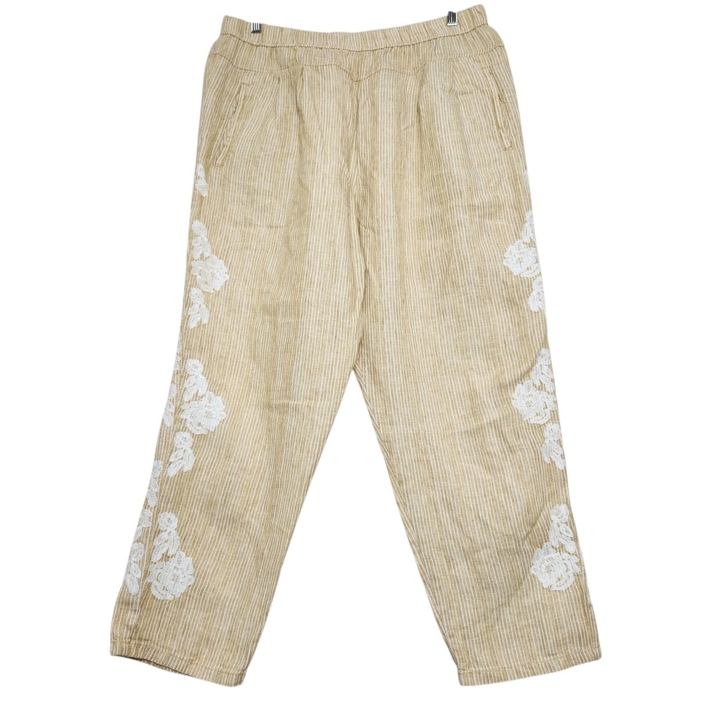 Anthropologie Size Large 100% Linen Yellow Stripe White Embroidered Pants Crop - Picture 3 of 13